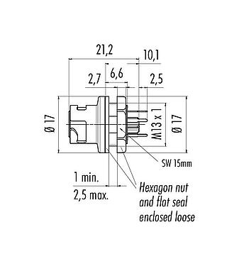 Scale drawing Bayonet Female panel mount connector, Contacts: 5, unshielded, THT, IP54 unplugged, M13x1,0, Front mounting