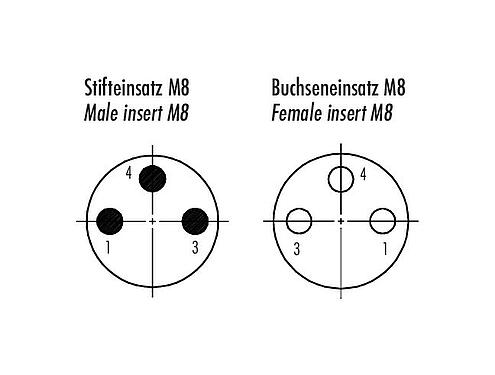Contact arrangement (Plug-in side) M8 Lead-through for control cabinet, Contacts: 3, shielded, pluggable, IP67, M8x1.0, Rear mounting