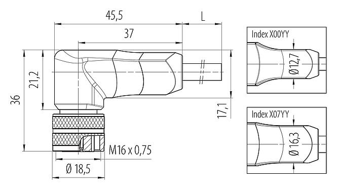 Dibujo a escala M16 Conector hembra en ángulo, Número de contactos: 7 (07-b), blindado, moldeado en el cable, IP67, PUR, negro, 7 x 0,25 mm², 2 m