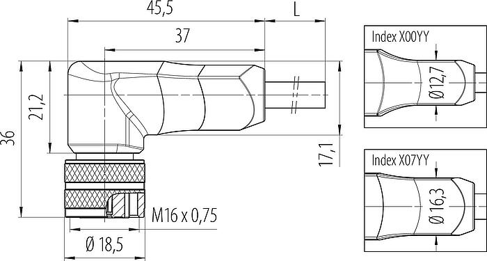 Scale drawing M16 Female angled connector, Contacts: 7 (07-a), shielded, moulded on the cable, IP67, PUR, black, 7 x 0.25 mm², 5 m