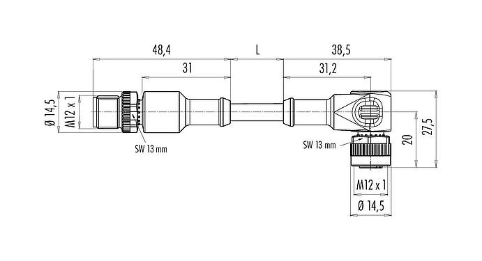Dibujo a escala M12 Cable de conexión conector de cable macho - conector hembra en ángulo con LED, Número de contactos: 4, sin blindaje, moldeado en el cable, IP68/IP69K, UL 2238, PLTC, TPE-E, amarillo, 4 x AWG 22, con LED PNP, 1 m