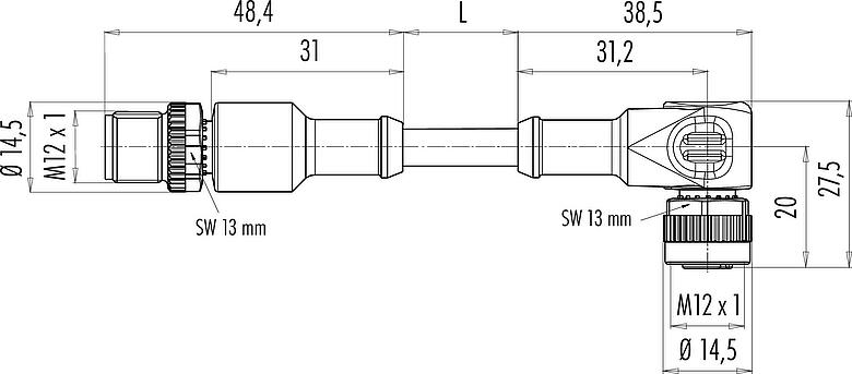Scale drawing M12 Connecting cable male cable connector - female angled connector with LED, Contacts: 4, unshielded, moulded on the cable, IP68/IP69K, UL 2238, PLTC, TPE-E, yellow, 4 x AWG 22, with LED PNP closer, 3 m