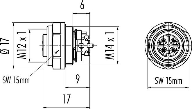 Scale drawing M12 Female panel mount connector, Contacts: 4, shieldable, SMT, IP67, M14x1.0, Front mounting