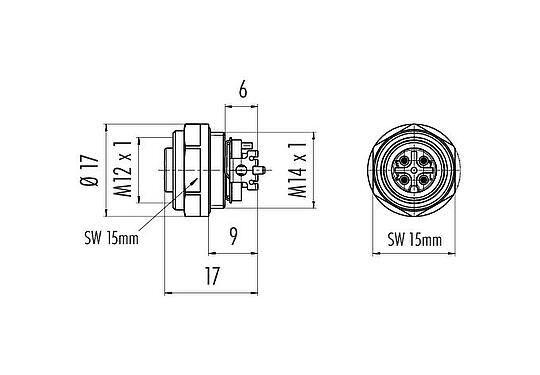 Dessin coté M12 Embase femelle, Contacts: 4, blindable, SMT, IP67, M14x1,0, Montage frontal