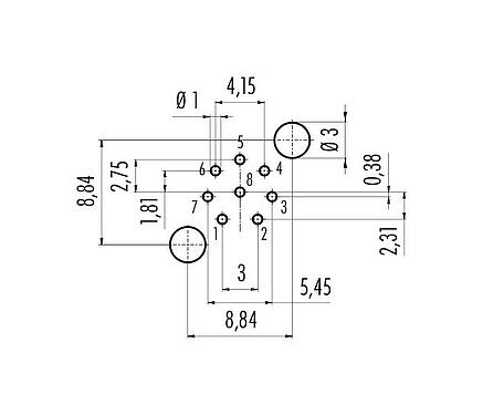 Conductor layout M12 Male panel mount connector, Contacts: 8, shieldable, THT, IP68, UL 2238, PG 9, Rear mounting, potted