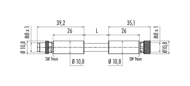Dibujo a escala M8 Cable de conexión conector de cable macho - conector de cable hembra, Número de contactos: 4, blindado, moldeado en el cable, IP67, Ethernet CAT5e, TPE, azul/verde, 2 x 2 x AWG 24, 5 m