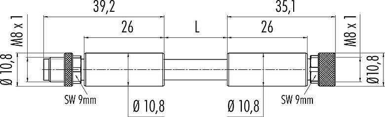 Dessin coté M8 Câble de raccordement connecteur mâle - connecteur femelle, Contacts: 4, blindé, surmoulé sur le câble, IP67, Ethernet CAT5e, TPE, bleu/vert, 2 x 2 x AWG 24, 0,6 m
