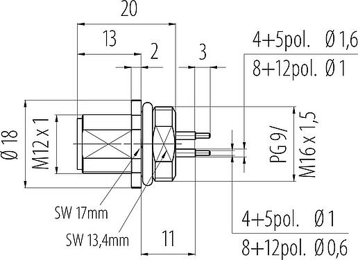 Scale drawing M12 Male panel mount connector, Contacts: 5, unshielded, THT, IP68, UL 2238, M16x1.5, Front mounting