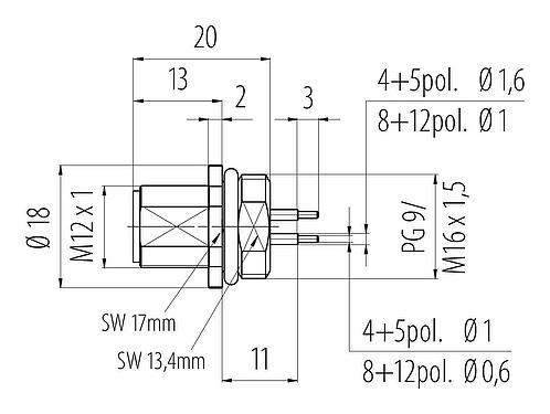 Dessin coté M12 Embase mâle, Contacts: 8, non blindé, THT, IP68, UL 2238, PG 9, Montage frontal