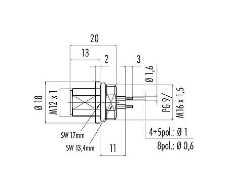 Scale drawing 86 0131 0000 00012 - M12 Male panel mount connector, Contacts: 12, unshielded, THT, IP68, UL, PG 9