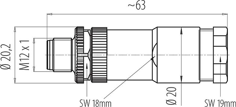 Scale drawing M12 Male cable duo connector, Contacts: 4, 2.1-3.0 mm (2 cable) or 4-5 mm (2 cable), unshielded, screw clamp, IP67, UL 2238