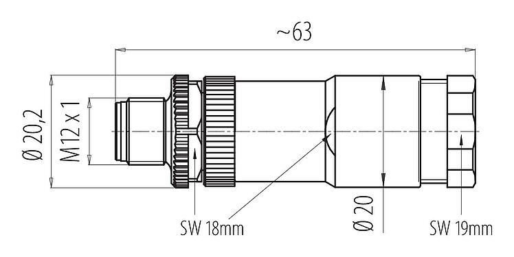 Dessin coté M12 Duo-connecteur mâle, Contacts: 4, 2.1-3.0 mm (2 câble) ou 4-5 mm (2 câble), non blindé, pince à visser, IP67, UL 2238