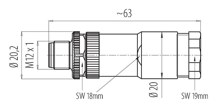 Dibujo a escala 99 0429 186 04 - M12 Conector dúo de cable macho, Número de contactos: 4, 2 x Cable Ø 2,1-3,0 mm  o Ø 4,0-5,0 mm, sin blindaje, tornillo extraíble, IP67, UL