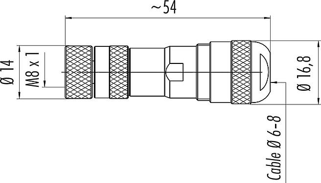 Scale drawing M8 Female cable connector, Contacts: 4, 6.0-8.0 mm, shieldable, screw clamp, IP67, UL 2238, with shielding ring