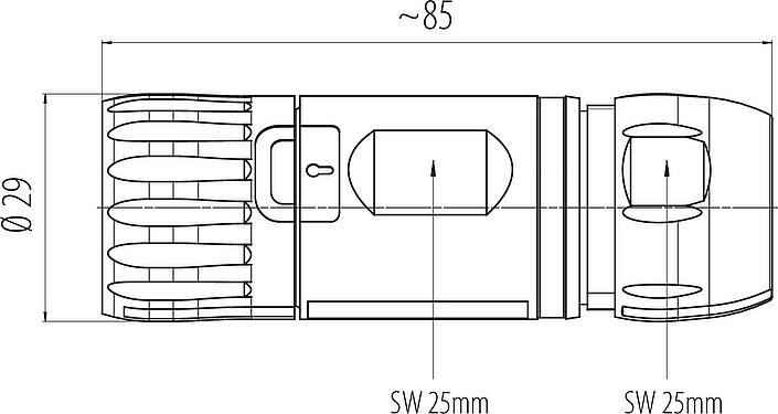 Scale drawing B23 Male cable connector, Contacts: 9 (4+PE + 4), 8,0-17,0 mm, screw clamp, IP67, ENP: Power pin / Data socket