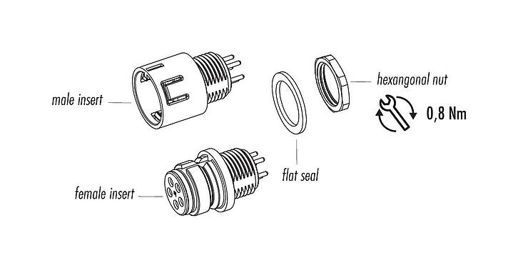 Dessin des composants Snap-In Embase mâle, Contacts: 8, non blindé, THT, IP67, M12x1,0, Montage frontal