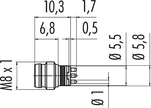 Scale drawing M8 Male receptacle, Contacts: 4, unshielded, THT, IP67, Front mounting