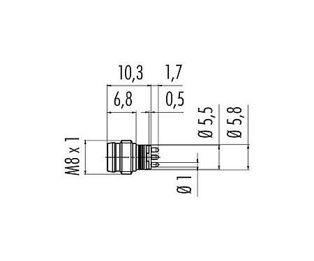 Dessin coté M8 Encastrable mâle, Contacts: 4, non blindé, THT, IP67, Montage frontal