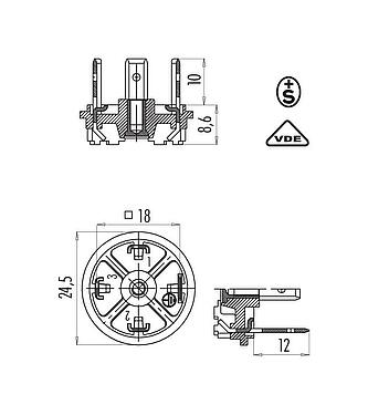 Dessin coté Embase mâle pour appareils, Contacts: 3+PE, non blindé, souder, IP40 sans joint, VDE, ESTI+