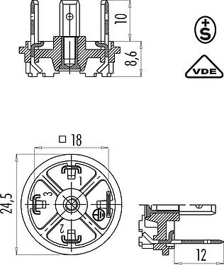 Dessin coté Embase mâle pour appareils, Contacts: 2+PE, non blindé, souder, IP40 sans joint, VDE, ESTI+