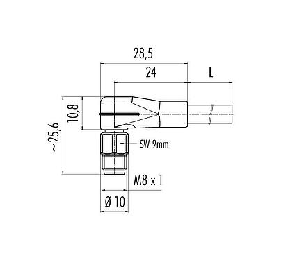 Dessin coté M8 Connecteur mâle coudé, Contacts: 6, non blindé, surmoulé sur le câble, IP67/IP69K, UL 2238, PUR, noir, 6 x 0,25 mm², Acier inoxydable, 5 m