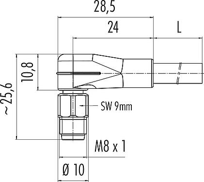 Dibujo a escala M8 Conector macho en ángulo, Número de contactos: 4, sin blindaje, moldeado en el cable, IP67/IP69K, UL 2238, PUR, negro, 4 x 0,34 mm², Acero inoxidable, 2 m