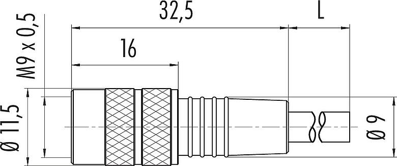 Scale drawing M9 Female cable connector, Contacts: 3, unshielded, moulded on the cable, IP67, PUR, black, 3 x 0.25 mm², 5 m