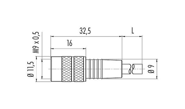 Dibujo a escala M9 Conector de cable hembra, Número de contactos: 3, sin blindaje, moldeado en el cable, IP67, PUR, negro, 3 x 0,25 mm², 2 m