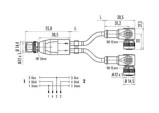 Scale drawing M12 Male cable splitter - 2 female angled connector, Contacts: 4/3, unshielded, moulded on the cable, IP68, UL 2238, PUR, black, 3 x 0.34 mm², with LED PNP closer, 1 m
