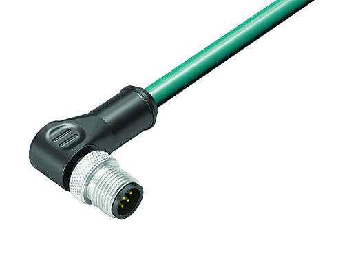 Illustration 77 3527 0000 34708-0200 - M12 Male angled connector, Contacts: 8, shielded, moulded on the cable, IP67, Ethernet CAT5e, TPE, blue/green, 4 x 2 x AWG 24, 2 m