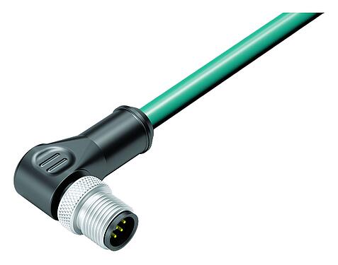 Illustration M12 Male angled connector, Contacts: 8, shielded, moulded on the cable, IP67, Ethernet CAT5e, TPE, teal, 4 x 2 x AWG 24, 1 m