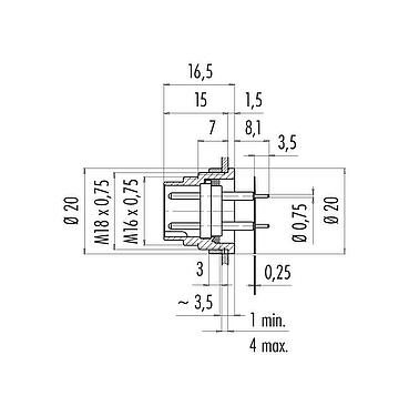 Dibujo a escala M16 Enchufe de brida, Número de contactos: 7 (07-a), sin blindaje, THT, IP40, M18x0,75, Montaje en pared, moldeado