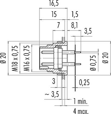 Dibujo a escala M16 Enchufe de brida, Número de contactos: 8 (08-a), sin blindaje, THT, IP40, M18x0,75, Montaje en pared, moldeado