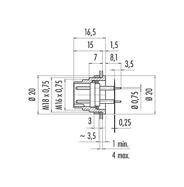 Scale drawing 09 0327 65 07 - M16 Male panel mount connector, Contacts: 7 (07-a), unshielded, THT, IP40, front fastened