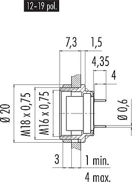 Scale drawing M16 Female panel mount connector, Contacts: 16, unshielded, THT, IP40, M18x0,75, Rear mounting