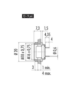 Scale drawing 09 0336 90 19 - M16 Female panel mount connector, Contacts: 19, unshielded, THT, IP40, front fastened