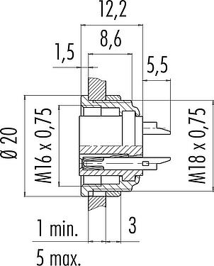 Scale drawing M16 Female panel mount connector, Contacts: 6 (06-a), unshielded, solder, IP40, M18x0,75, Front mounting