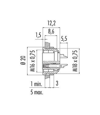 Scale drawing M16 Female panel mount connector, Contacts: 7 (07-b), unshielded, solder, IP40, M18x0,75, Front mounting