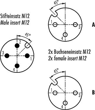Contact arrangement (Plug-in side) M12 Twin distributors Y-distributor, male connector - 2 female connector, Contacts: 4/3, unshielded, pluggable, IP68, UL 2238