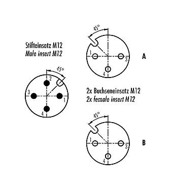 Disposition des contacts (Côté plug-in) M12 Répartiteur double, Y-distributeur, mâle - 2 femelle, Contacts: 4/3, non blindé, enfichable, IP68, UL 2238, avec LED, PNP