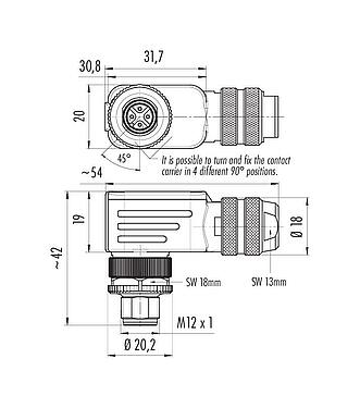 Dessin coté 99 1429 824 04 - M12 Connecteur mâle coudé, Contacts: 4, 4,0-6,0 mm, blindable, pince à visser, IP67, UL 2238