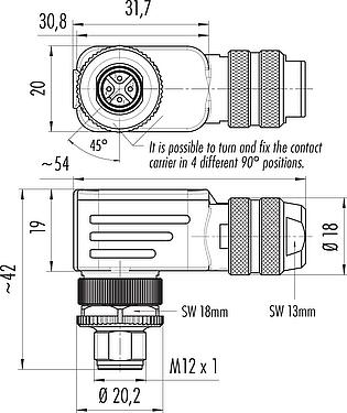 Scale drawing M12 Male angled connector, Contacts: 4, 4.0-6.0 mm, shieldable, screw clamp, IP67, UL 2238, with shielding ring