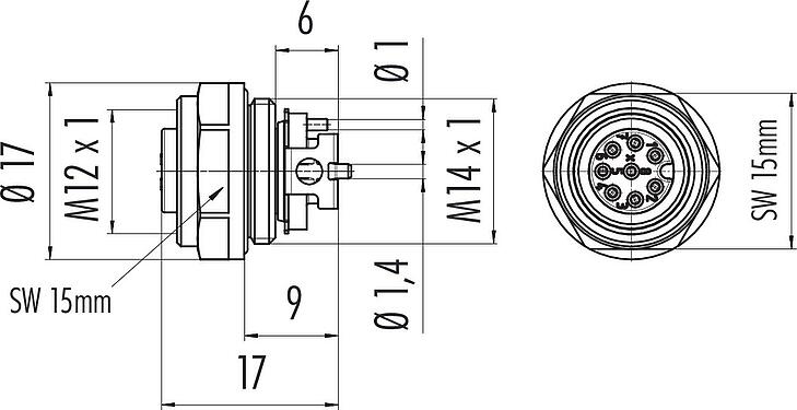 Scale drawing M12 Female panel mount connector, Contacts: 8, unshielded, SMT, IP67, M14x1.0, Front mounting