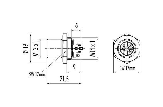 Dibujo a escala M12 Enchufe de brida, Número de contactos: 4, blindable, SMT, IP67, M14x1,0, Montaje en pared