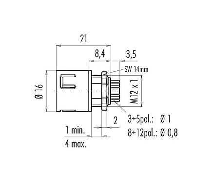 Scale drawing 99 9115 090 05 - Snap-In Male panel mount connector, Contacts: 5, unshielded, THT, IP67, VDE