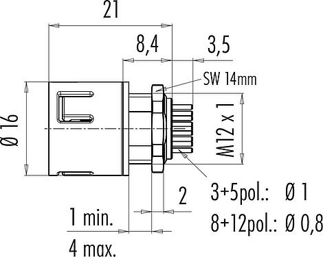 Scale drawing Snap-In Male panel mount connector, Contacts: 12, unshielded, THT, IP67, VDE, M12x1.0, Front mounting