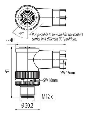 Dessin coté M12 Connecteur mâle coudé, Contacts: 4, 2,5-3,5 mm, non blindé, pince à visser, IP67