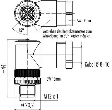 Dibujo a escala 99 0429 58 04 - Conector macho en ángulo, Número de contactos: 4, 8,0-10,0 mm, sin blindaje, tornillo extraíble, IP67, UL, VDE, para la fuente de alimentación (potencia)