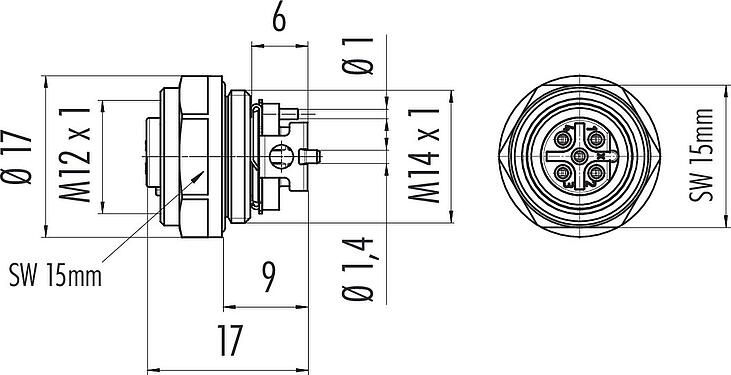 Dessin coté M12 Embase femelle, Contacts: 5, blindable, SMT, IP67, M14x1,0, Montage frontal