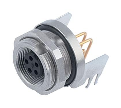 3D View 09 0416 55 05 - M9 IP67 Female angled panel mount connector, Contacts: 5, shieldable, THT, IP67, front fastened